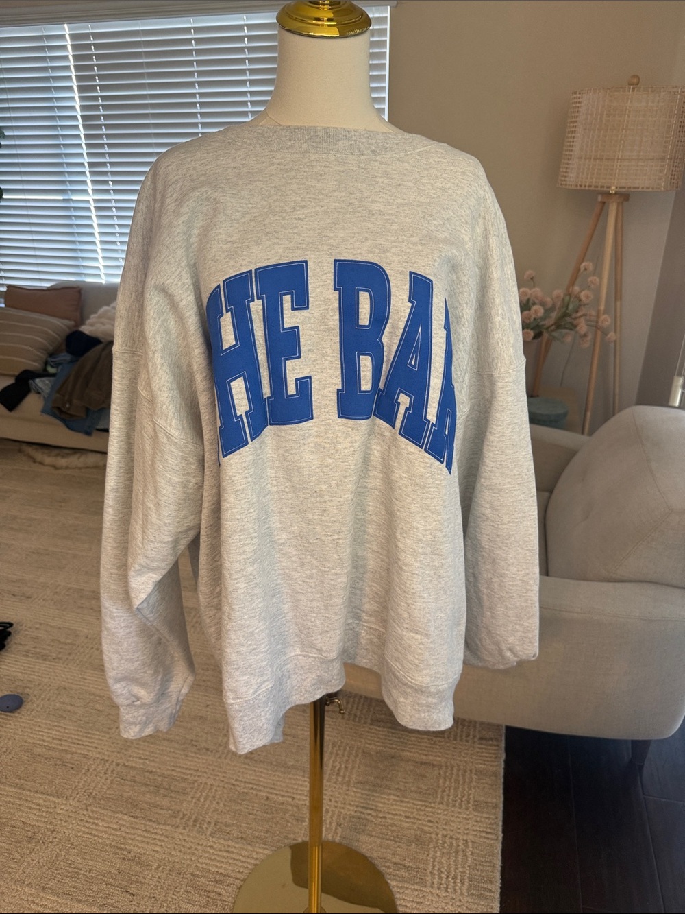 The Bar Gray Crewneck Sweatshirt with Blue Collegiate Print